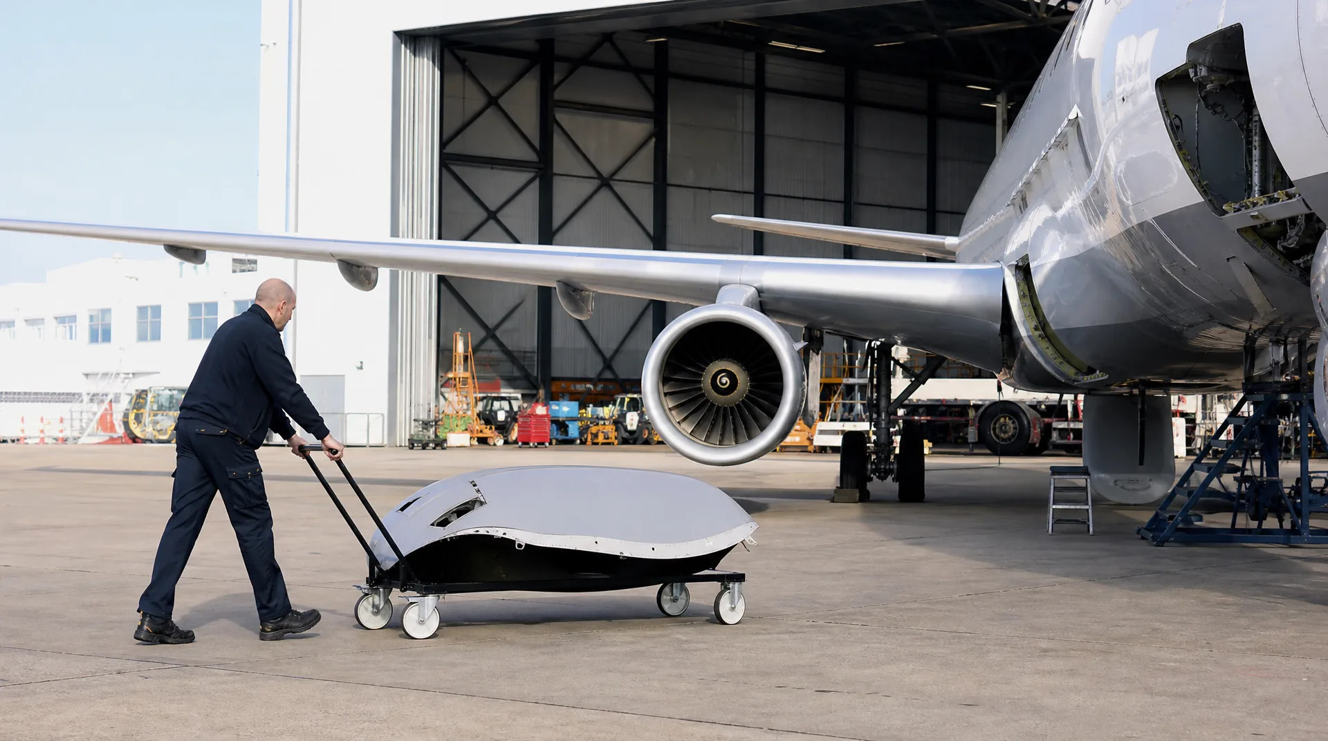 Aviation technician moving an aircraft part toward a grounded aircraft at a maintenance hangar