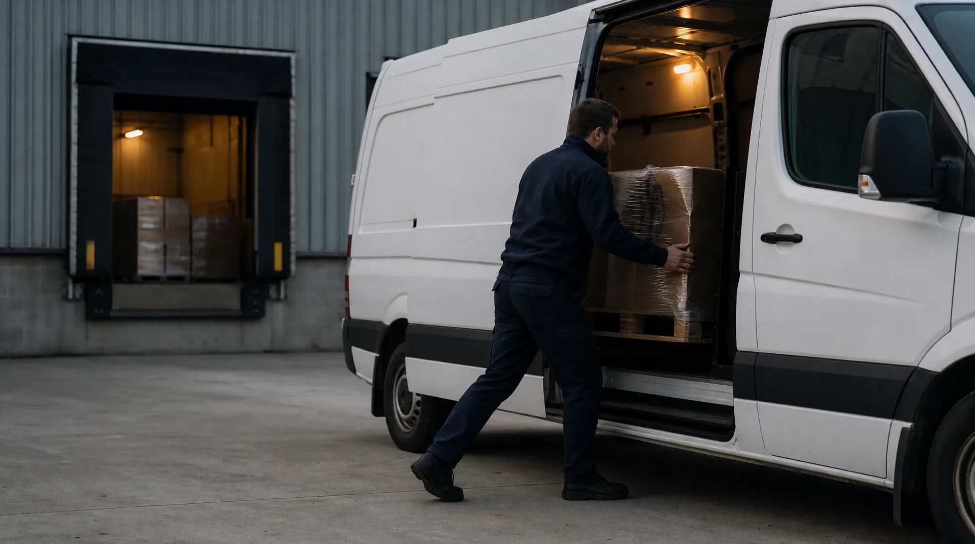 A worker loads a shrink-wrapped shipment into the side door of a sprinter van at a loading dock at dusk