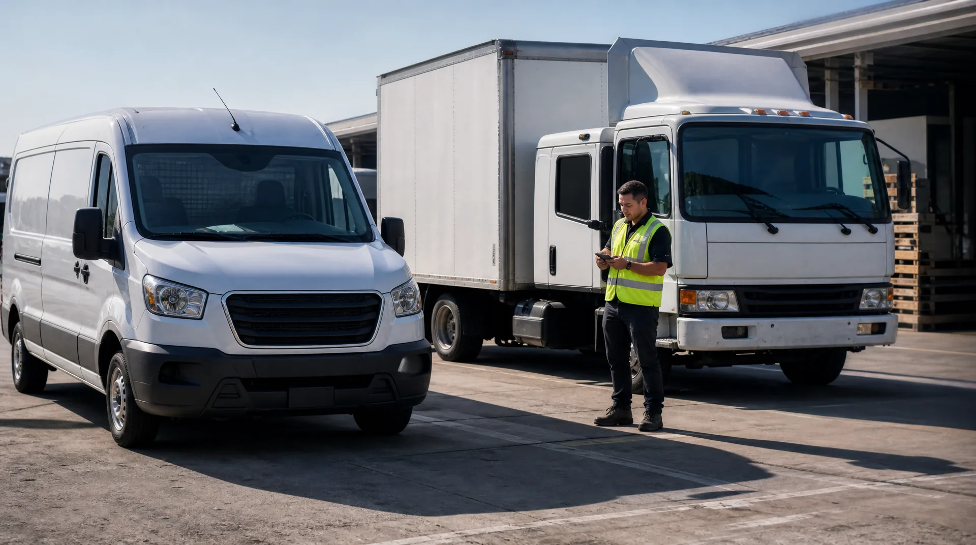 Cargo van and box truck at an expedited freight dispatch yard