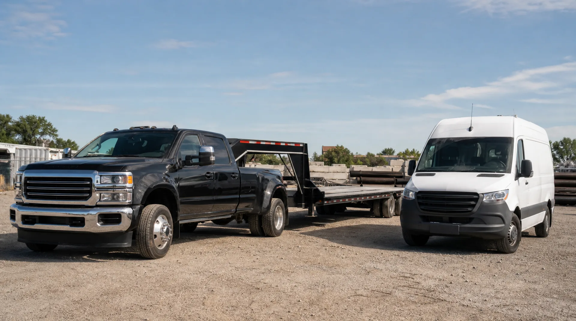 A hot shot pickup with a flatbed trailer beside an enclosed sprinter cargo van