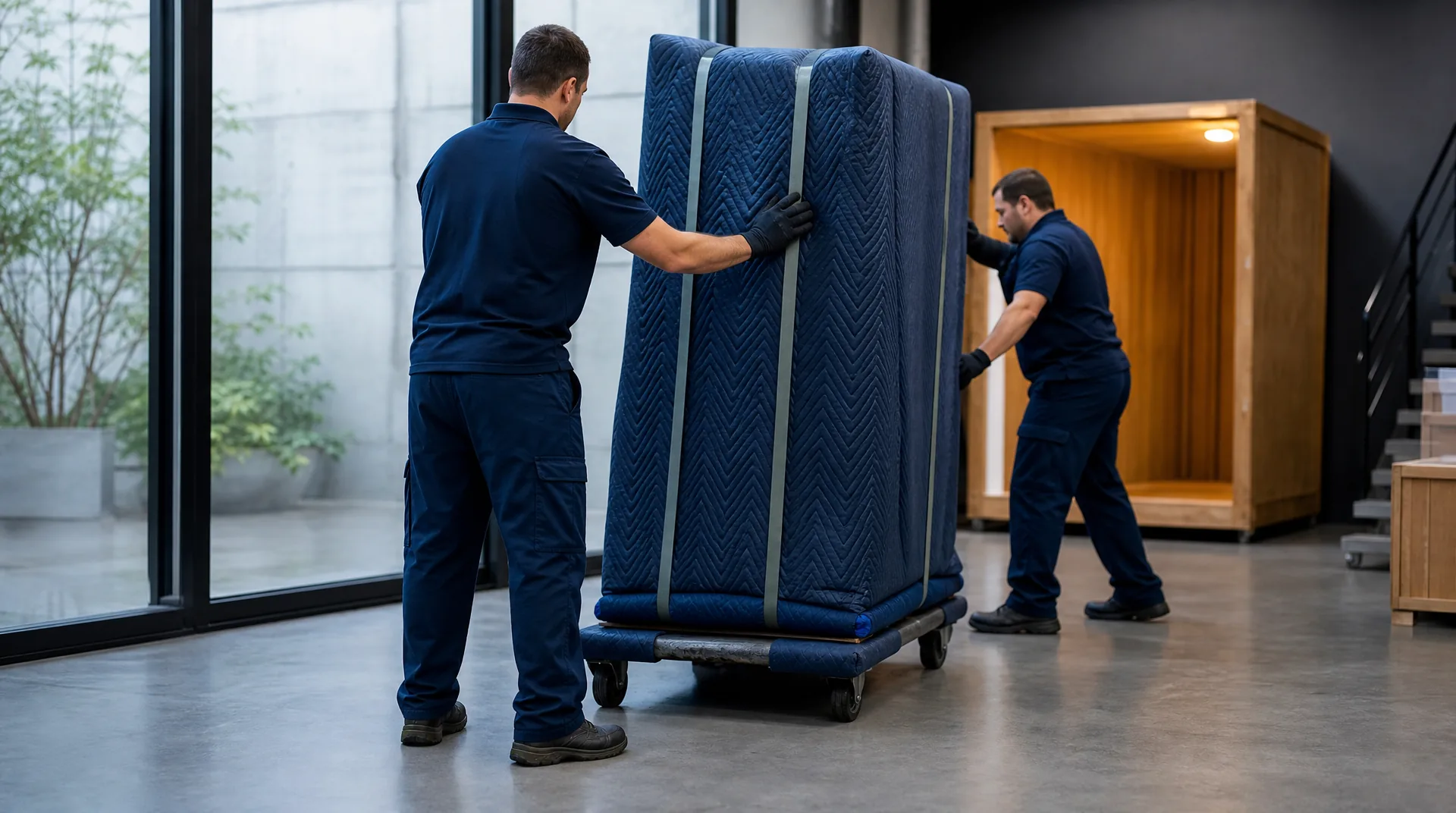 Two workers carefully move a tall blanket-wrapped high-value crate on a padded dolly with straps