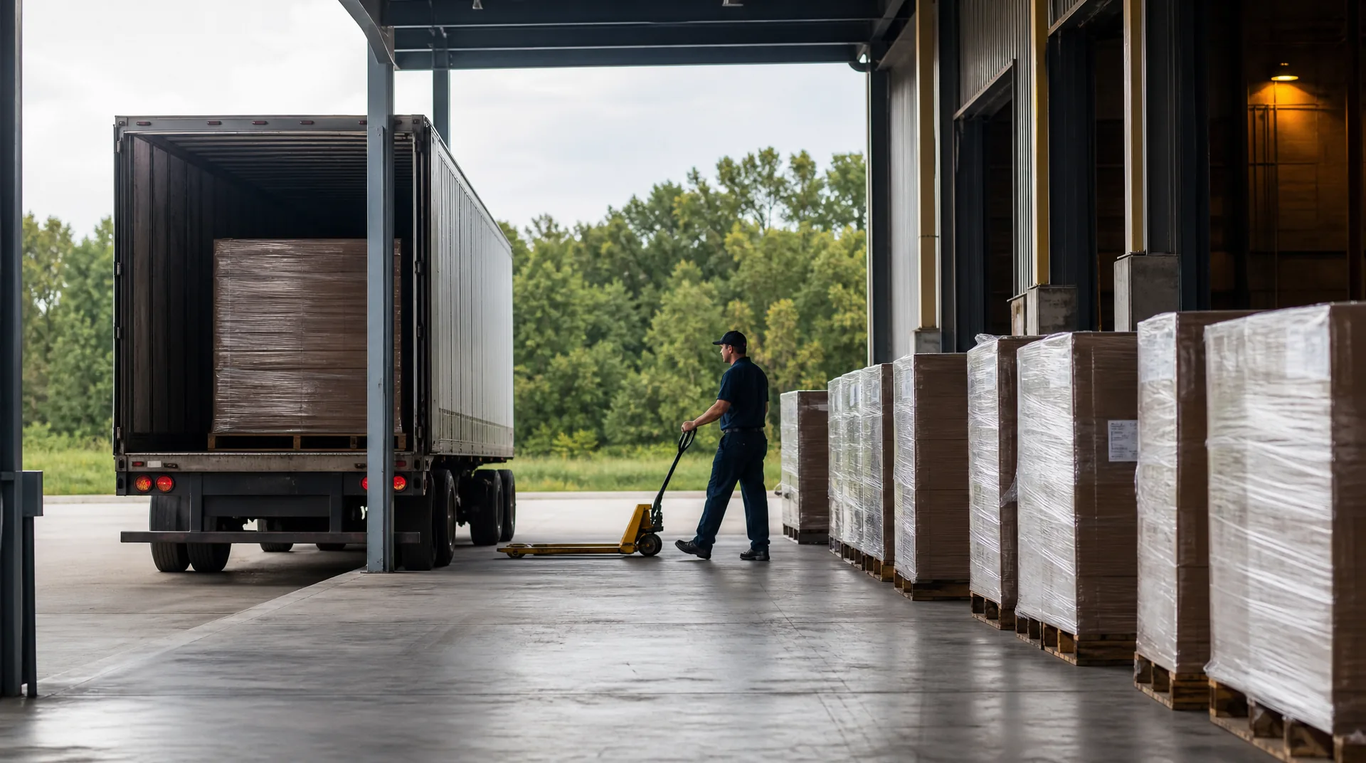 A full trailer loaded on one side and separate palletized LTL shipments staged on the other with a worker between them