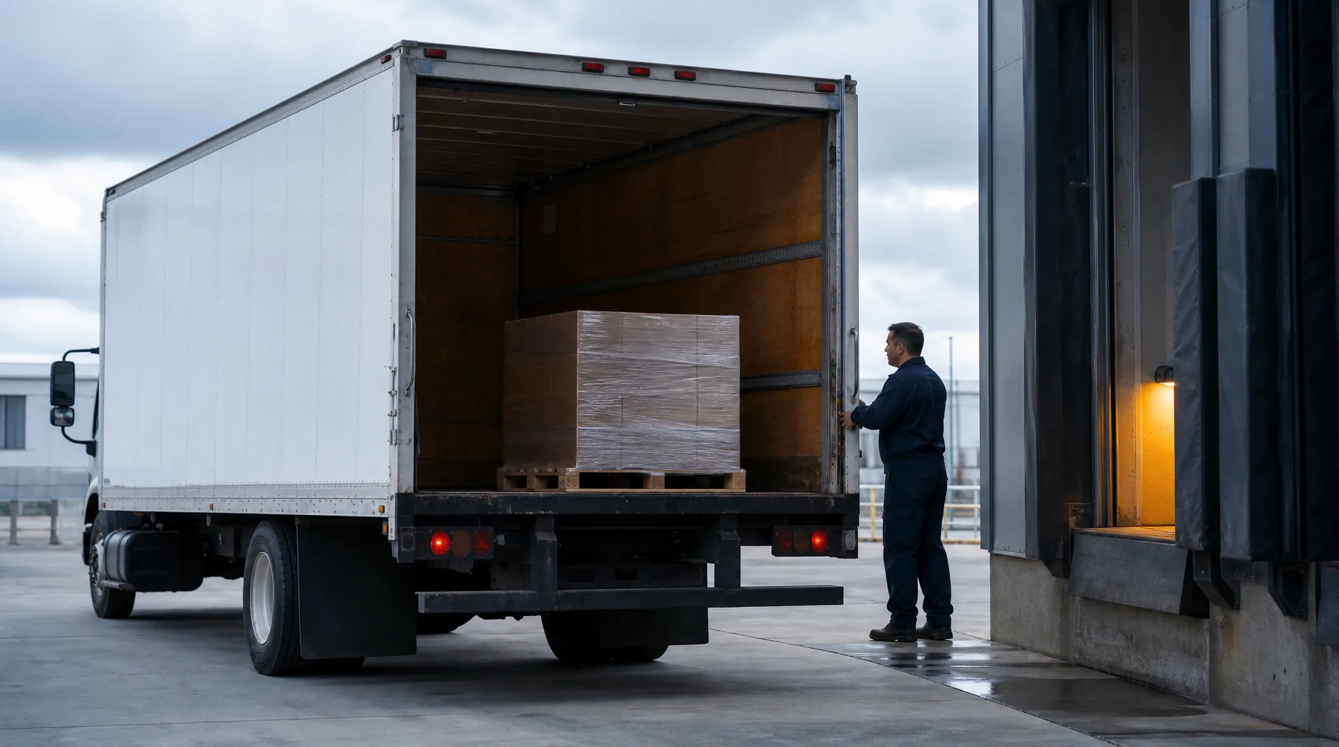A single palletized shipment sits alone in the empty cargo box of a dedicated box truck as the driver stands by the doors