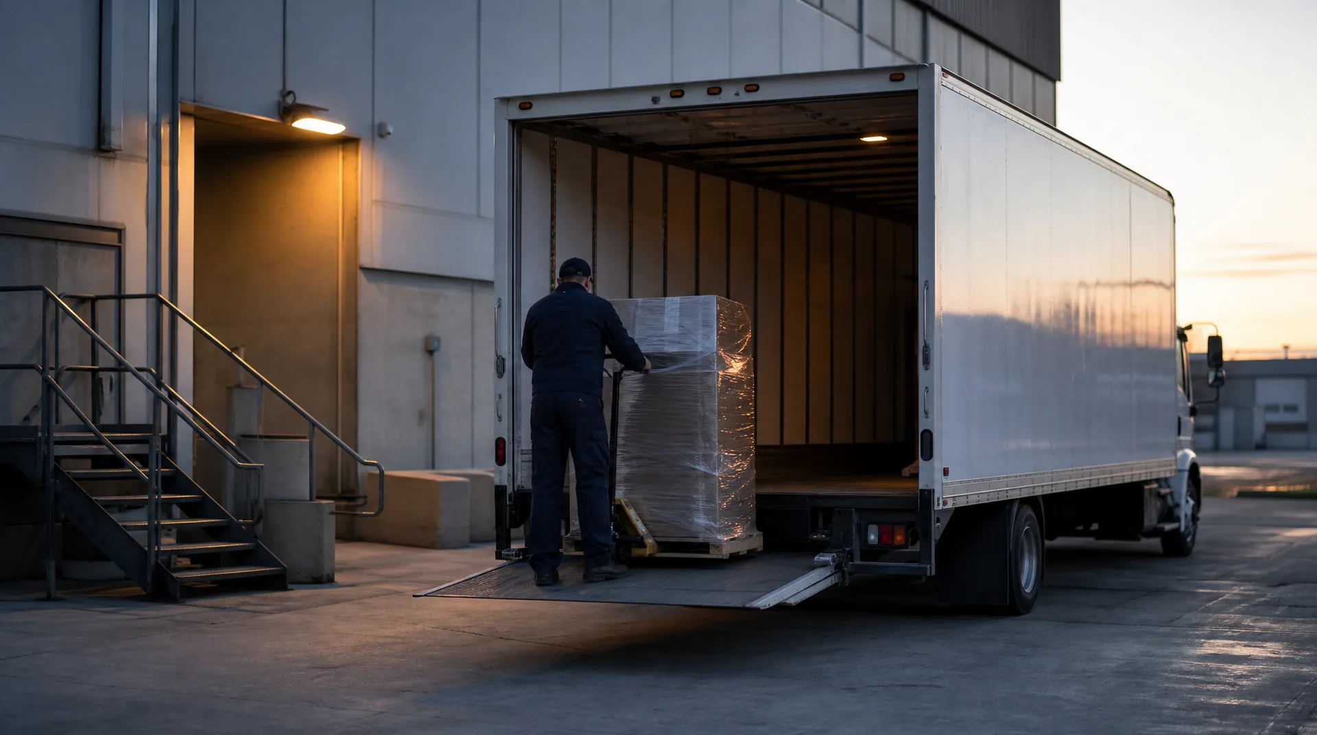 A worker loads an urgent shrink-wrapped shipment into a box truck via the liftgate in early-evening light