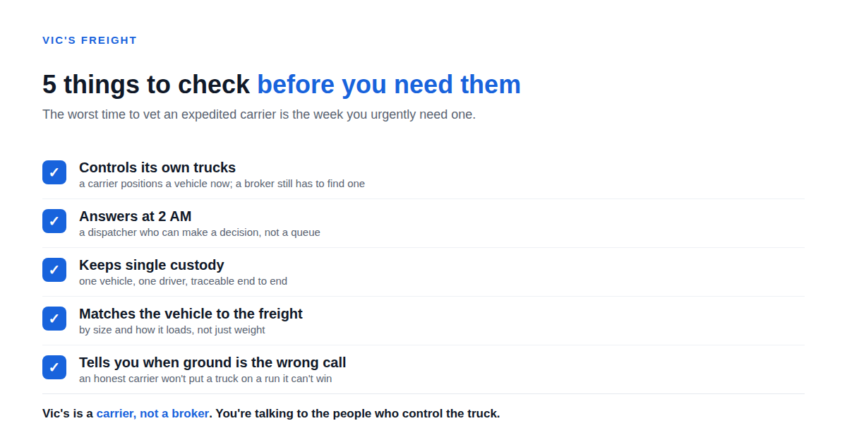Five things to check in an expedited carrier: controls its own trucks, answers at 2 AM, keeps single custody, matches the vehicle to the freight, and tells you when ground is the wrong call