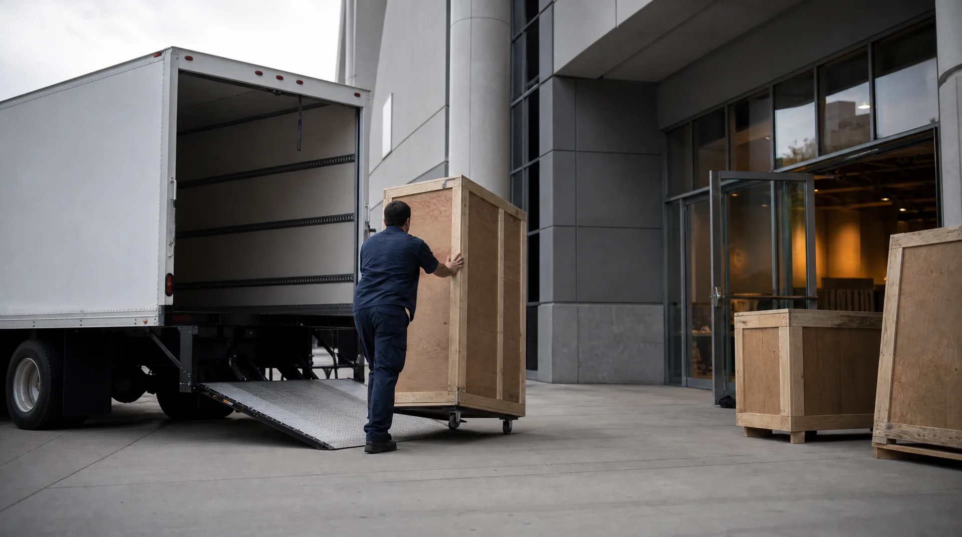 A worker rolls a tall wooden exhibit crate down a truck ramp toward a convention center entrance during exhibitor move-in