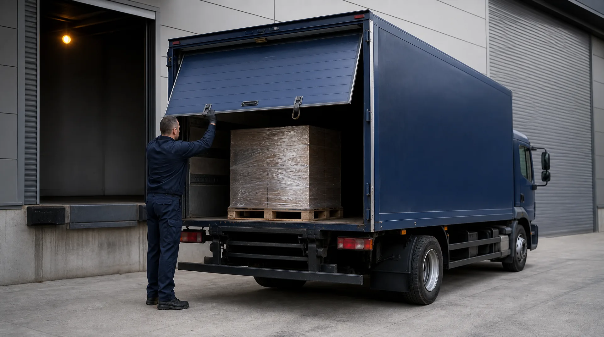 A dedicated expedited box truck backed to a loading bay with a single palletized shipment inside as the driver closes the door