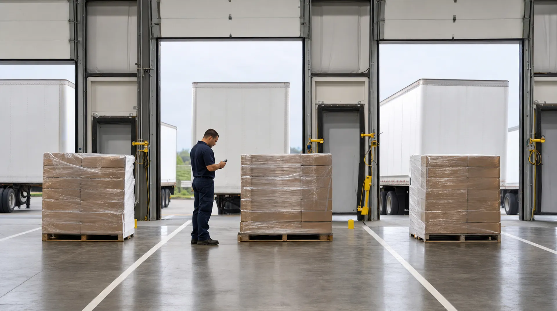 Three shrink-wrapped pallets stand in separate marked floor lanes on the concrete of a freight cross-dock, a worker in navy workwear checks a handheld scanner between them, and open dock doors show white trailers backed in behind.