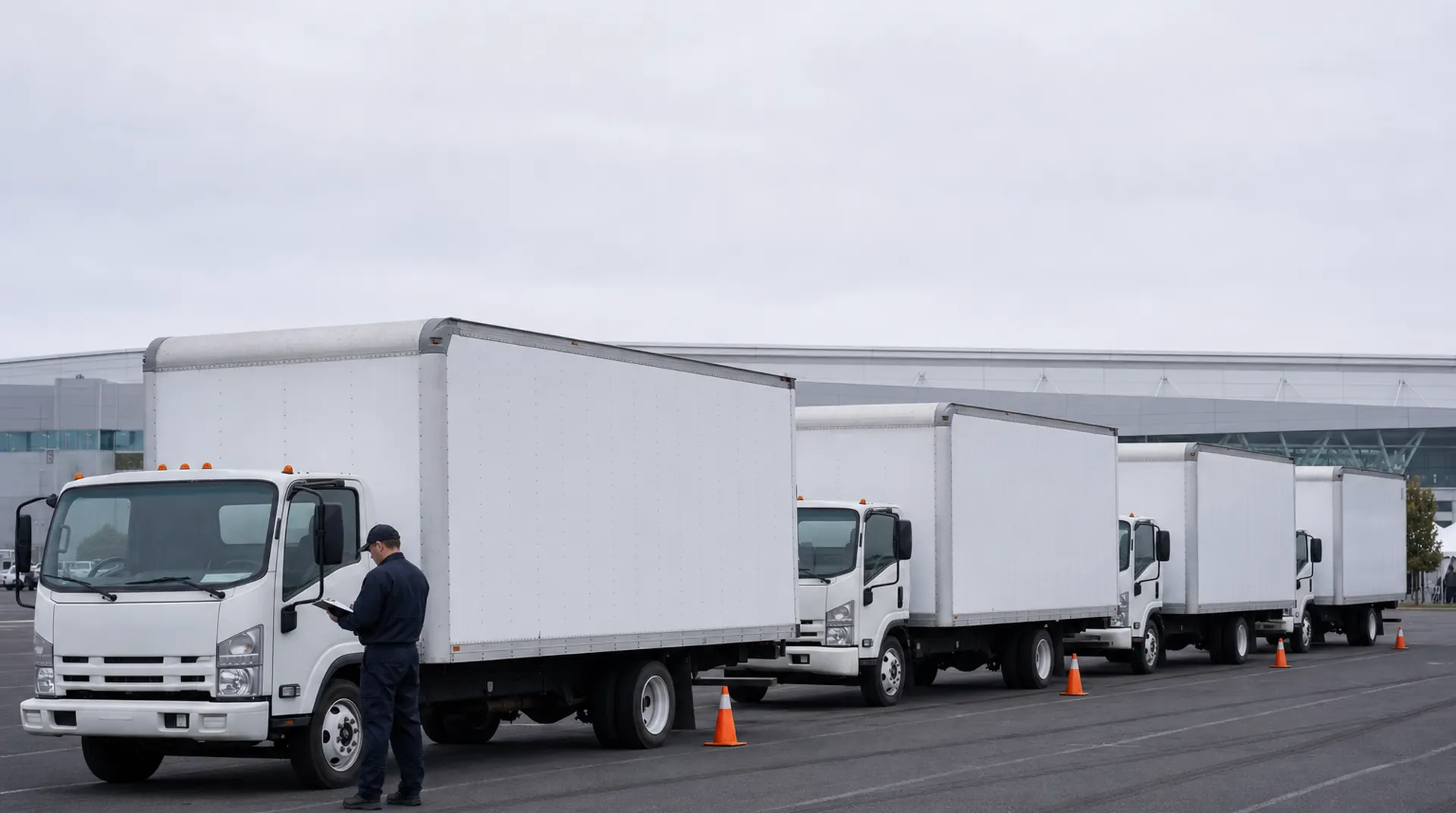 Four plain white box trucks wait nose to tail in a marked lane of an asphalt marshalling yard behind orange cones, a worker in navy workwear stands at the lead truck with a clipboard, and a convention hall roofline sits in the distance.