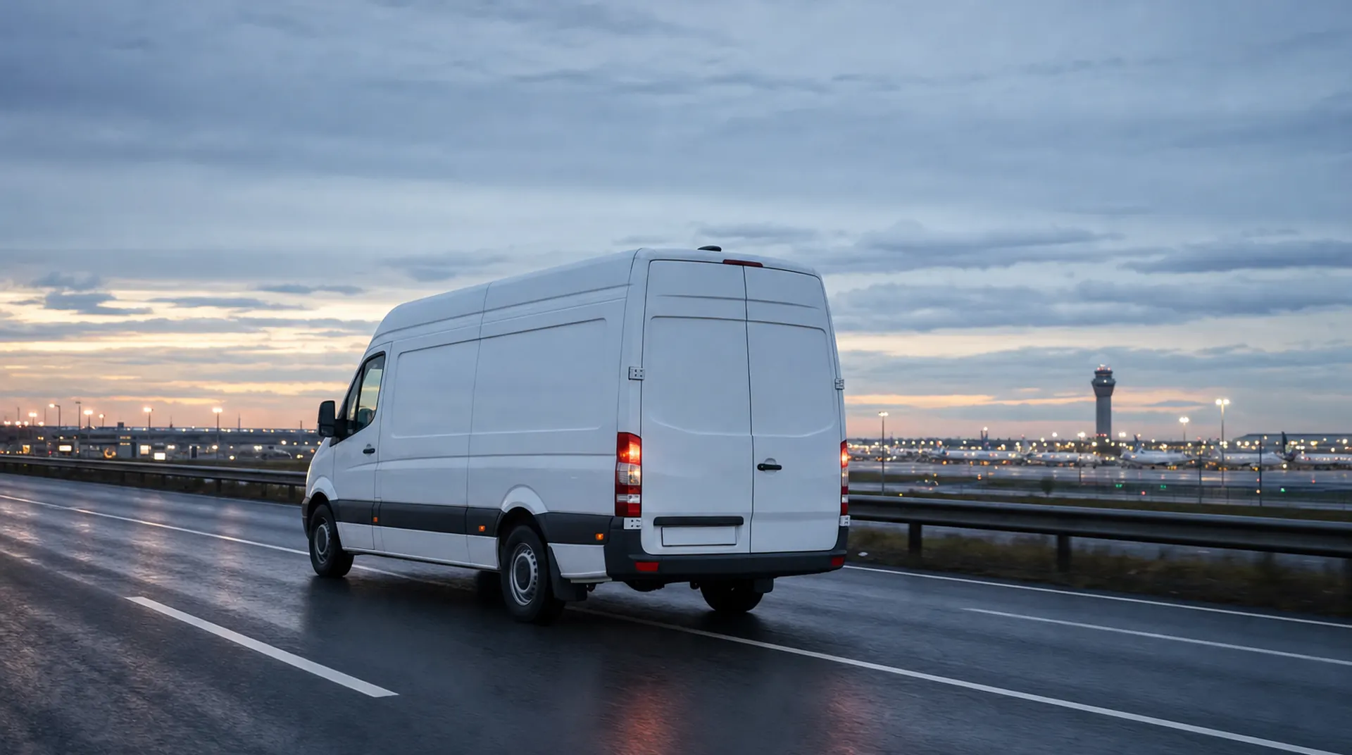 A plain white cargo van runs alone on a wet multi-lane interstate at dusk, seen from behind, with the lit control tower and terminal of an airport small on the horizon beyond the guardrail.