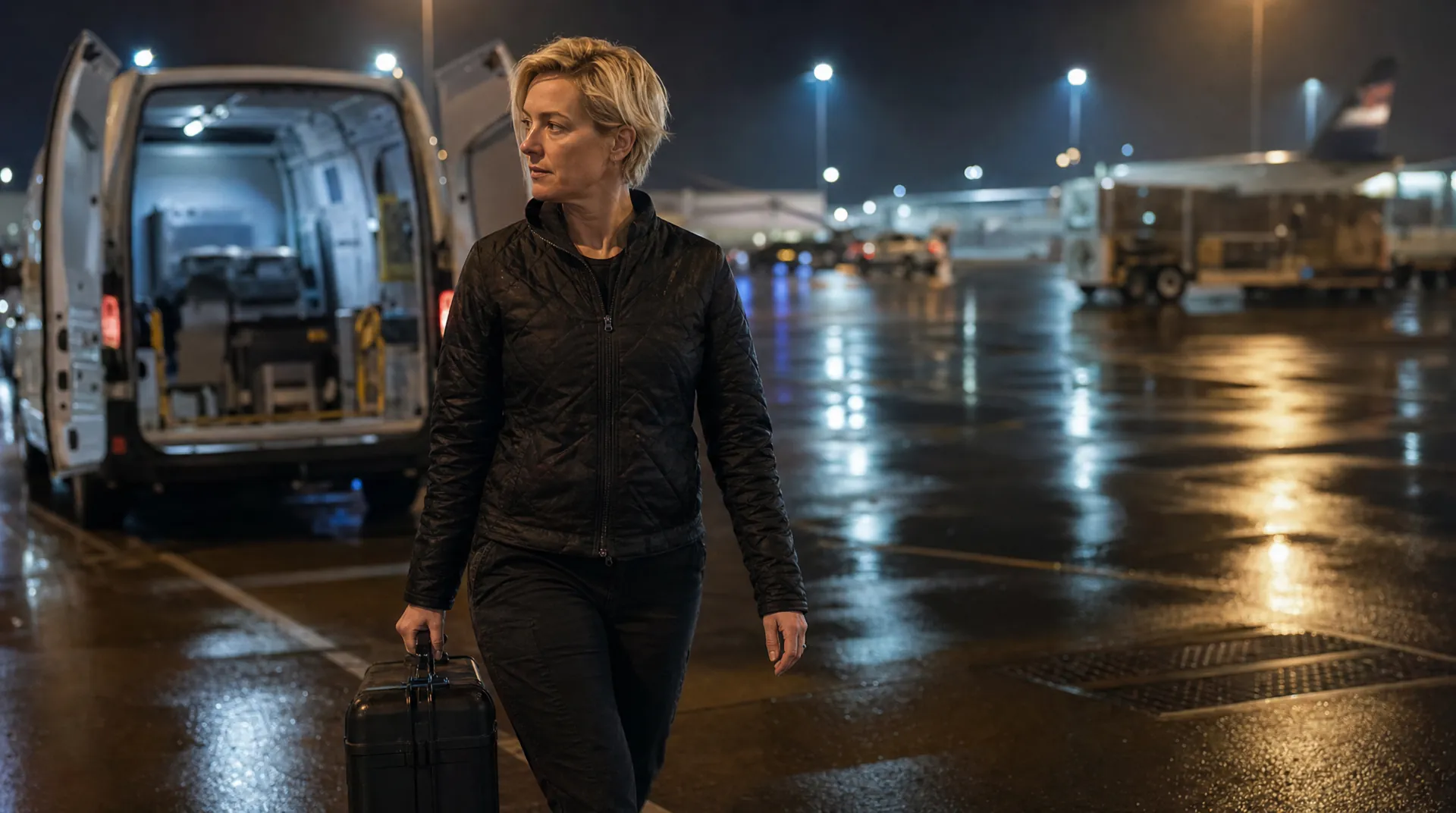 Hand-carry courier loading an AOG part into a van at an airport cargo apron at night