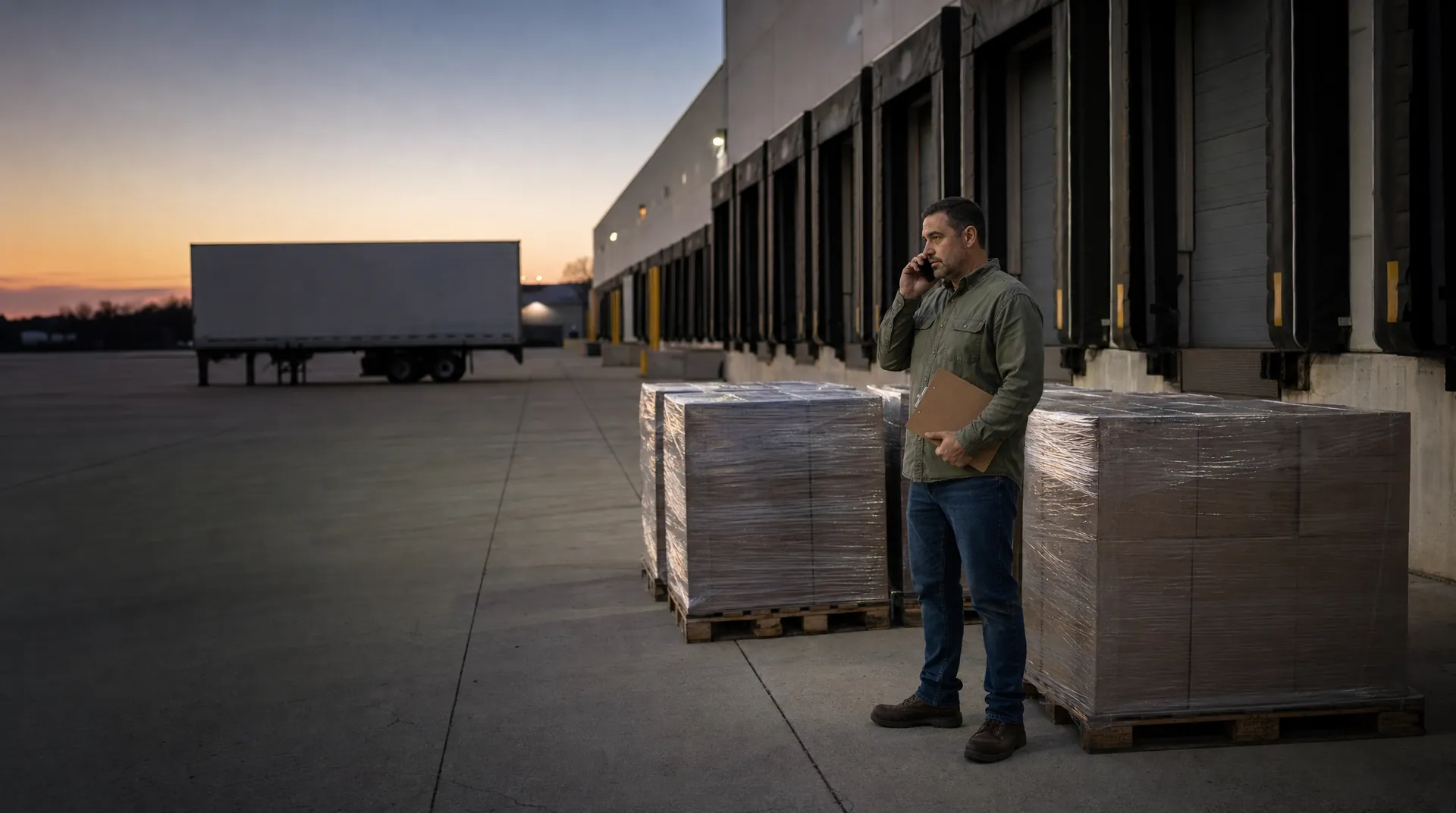 Dispatcher on the phone beside pallets at a closed loading dock