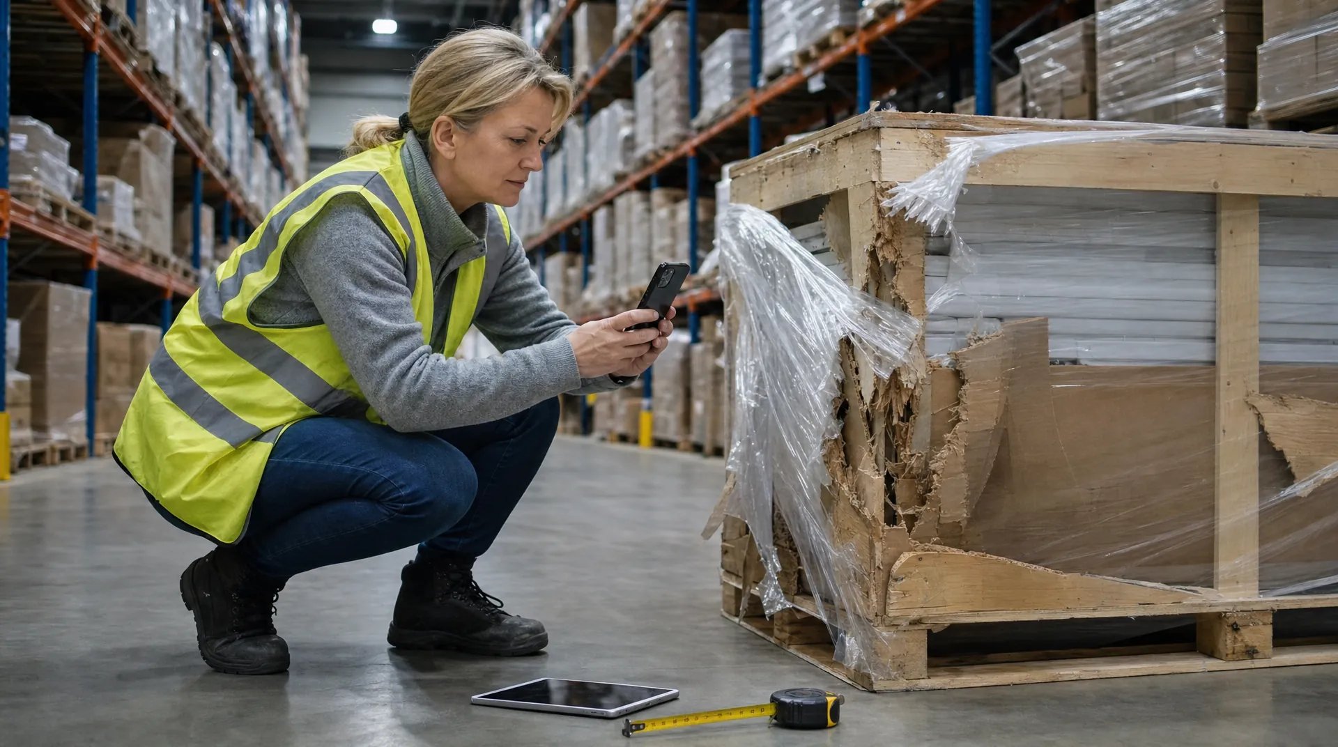 Inspector photographing a damaged crate on a warehouse floor