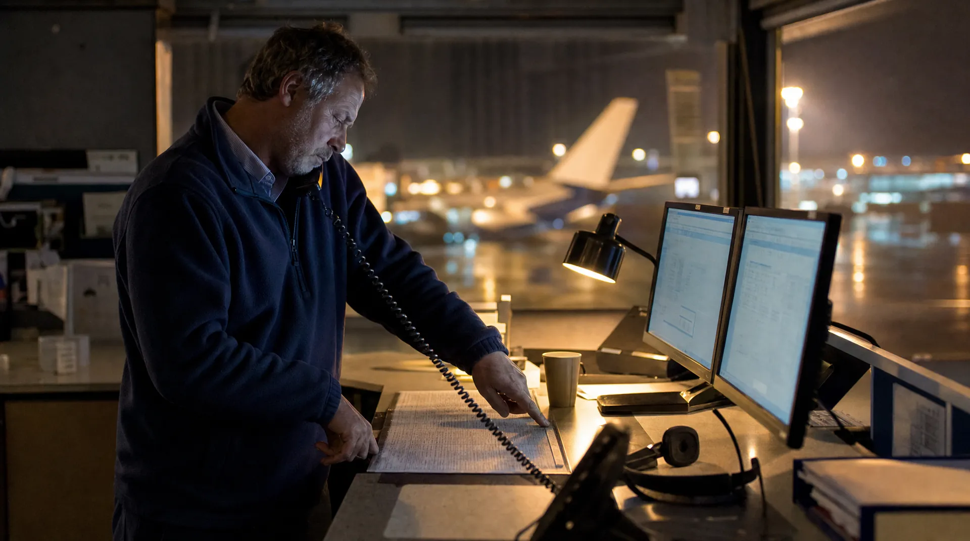 Night airfreight dispatch desk coordinating an AOG parts move