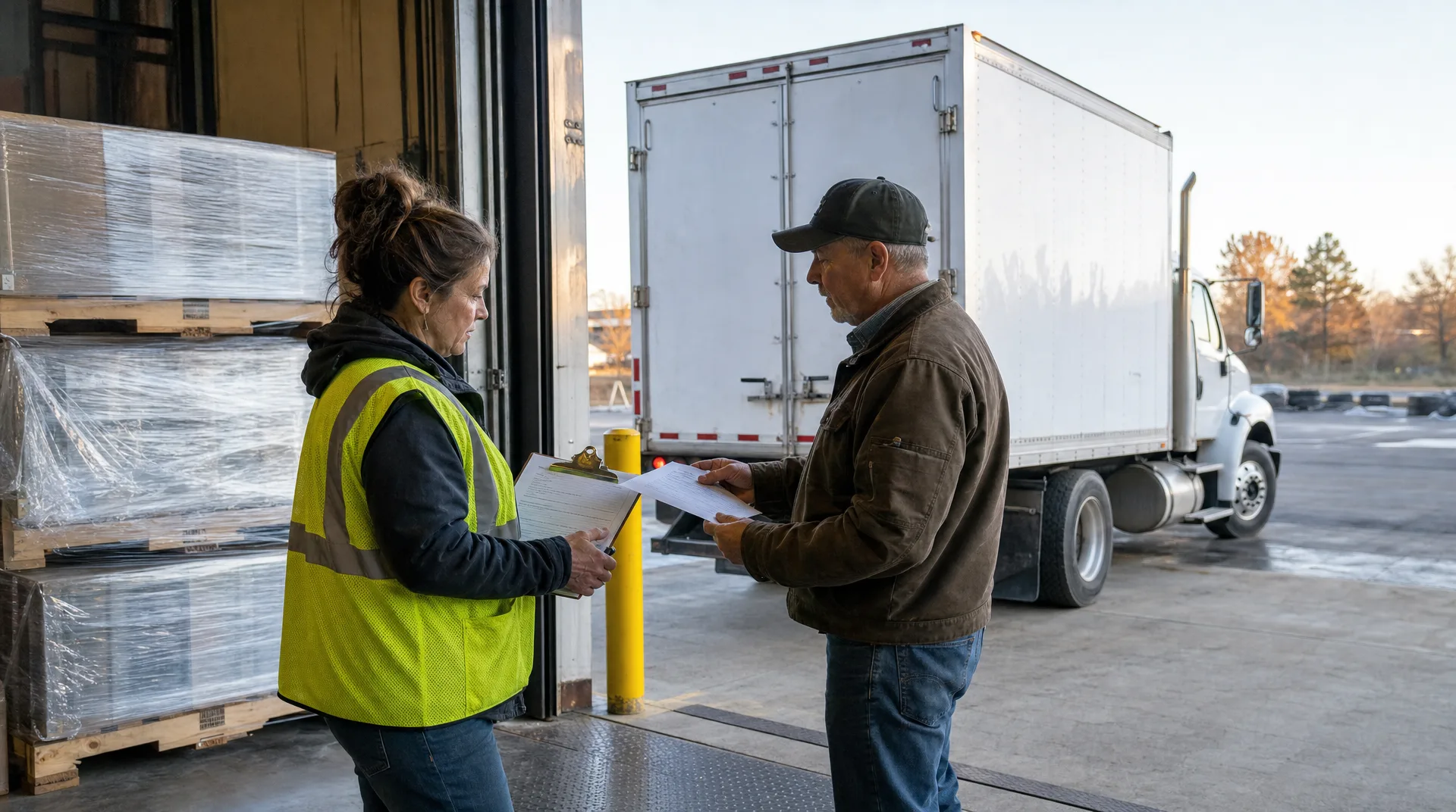 Shipping clerk checking a driver's paperwork against the dispatch confirmation at a loading dock