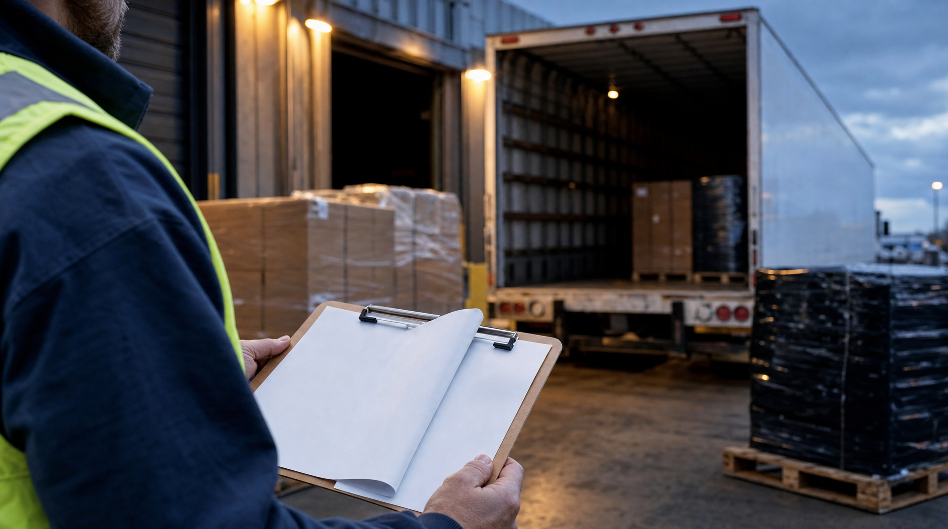 Dock worker holding a clipboard with one document folded over another beside plain-wrapped pallets and an open box truck