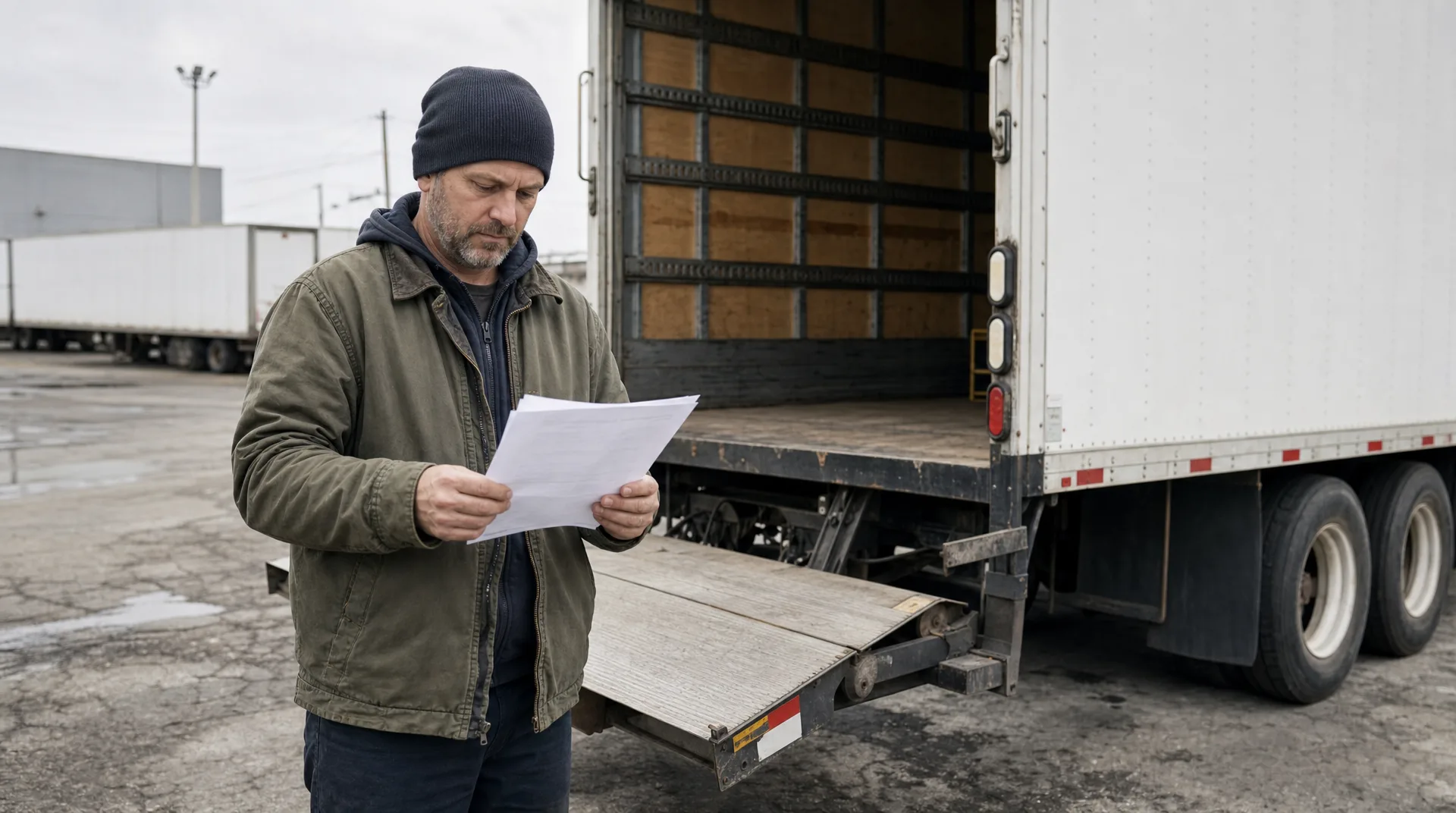 Owner-operator reading an offer next to a box truck with a lift gate