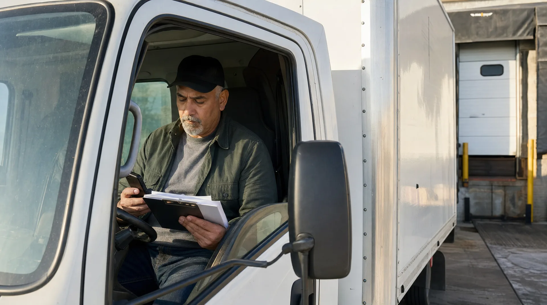 Box truck owner-operator reviewing carrier packet paperwork in the cab