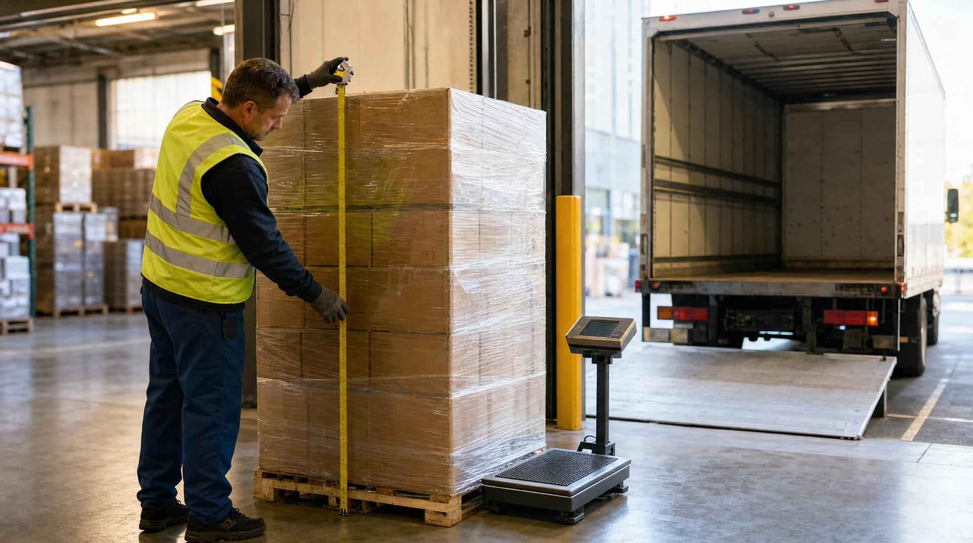 Shipping clerk measuring a pallet at a loading dock