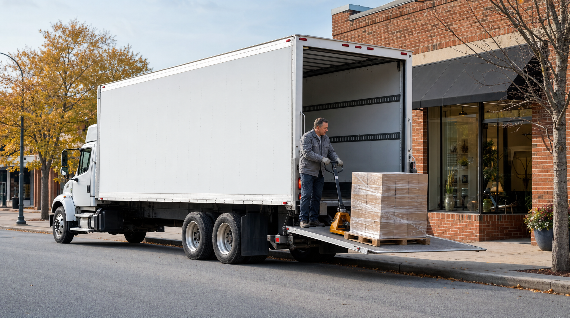 Box truck at a storefront curb lowering a pallet on its liftgate to a worker with a pallet jack