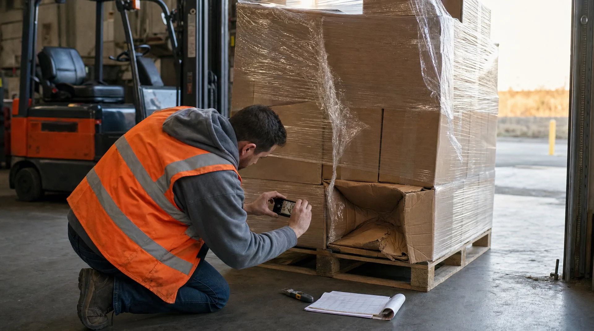 Warehouse worker kneeling to photograph a crushed carton inside a shrink-wrapped pallet at a loading dock