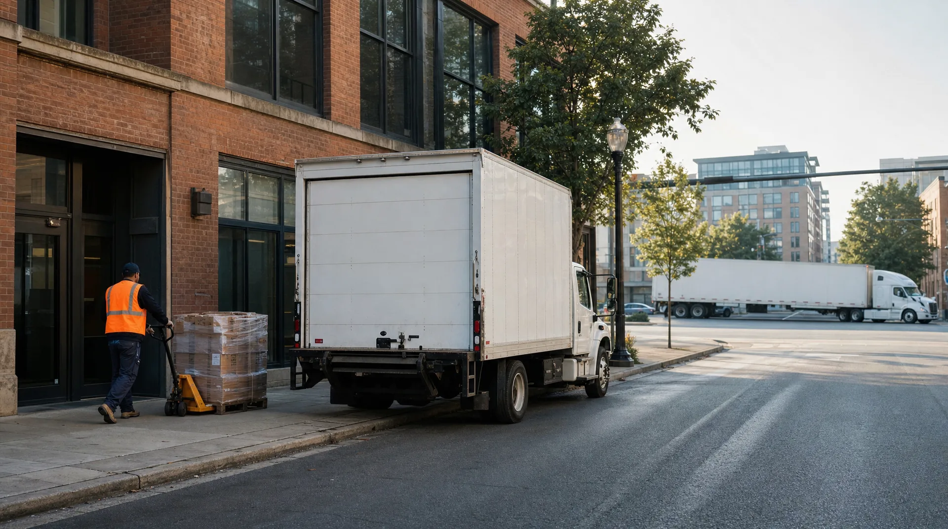 Box truck with a rear liftgate parked at a city curb while a worker moves a pallet into a building, a tractor-trailer passing in the background